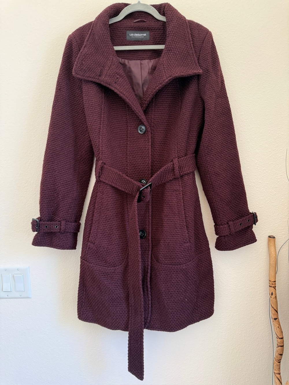 Liz Claiborne Wool Blend Belted Coat Burgundy Textured Fits Large Tall